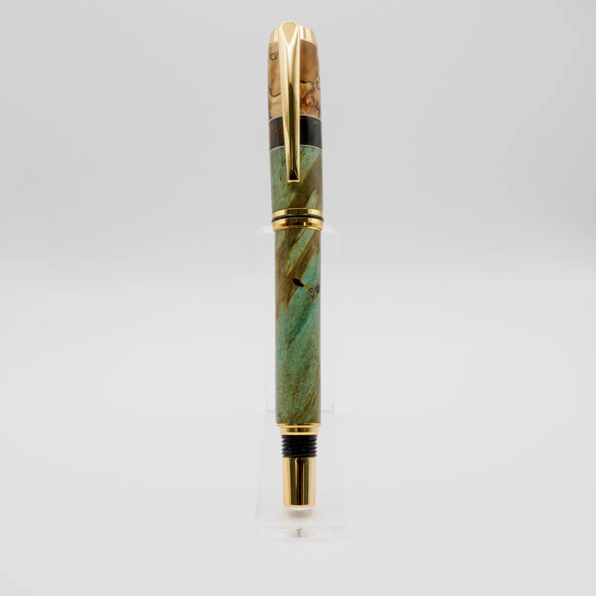 Poplar, Maple Burl & Padauk Segmented Rollerball Pen in Dyed green poplar burl, maple burl and Padauk, sourced Recycled from the workshop. Offcuts from other pens.