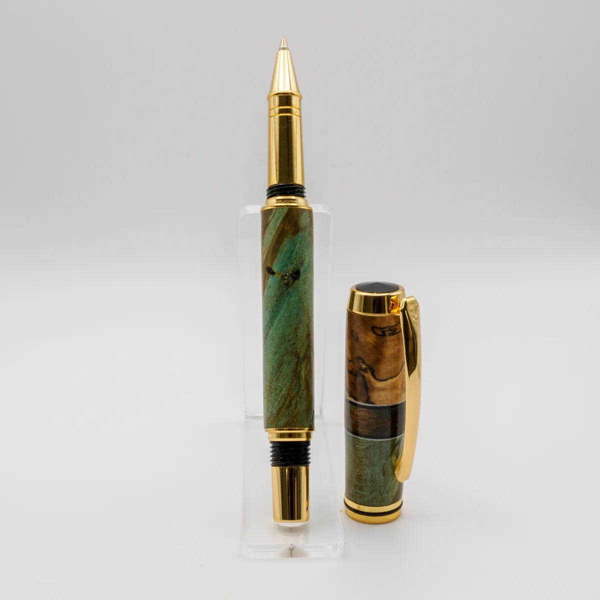 Poplar, Maple Burl & Padauk Segmented Rollerball Pen in Dyed green poplar burl, maple burl and Padauk, sourced Recycled from the workshop. Offcuts from other pens. (second view)