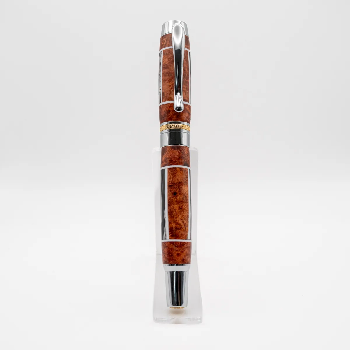 Jeep Fordite & Segmented Chechen Burl rollerball, sourced Jamaica & Detroit (third view)