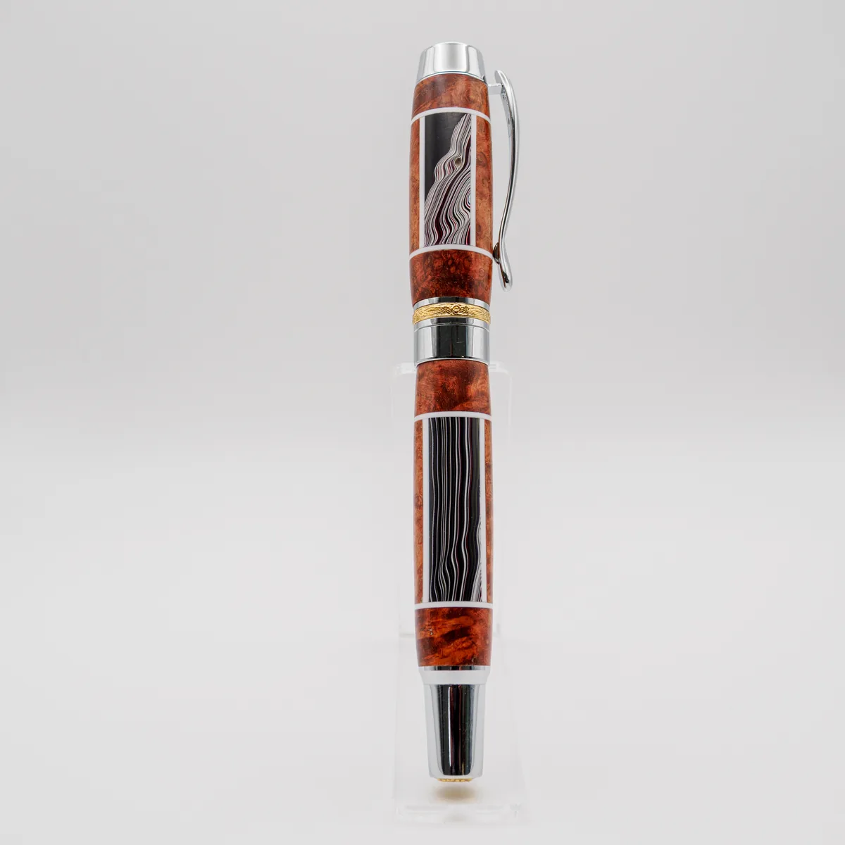 Jeep Fordite & Segmented Chechen Burl rollerball, sourced Jamaica & Detroit (second view)