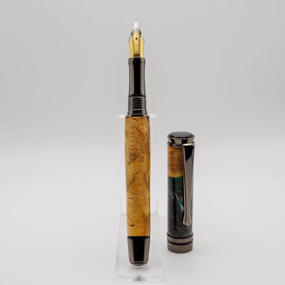 Maple Burl and Resin fountain pen in Maple Burl & Teal Ocean Resin, sourced USA (second view)