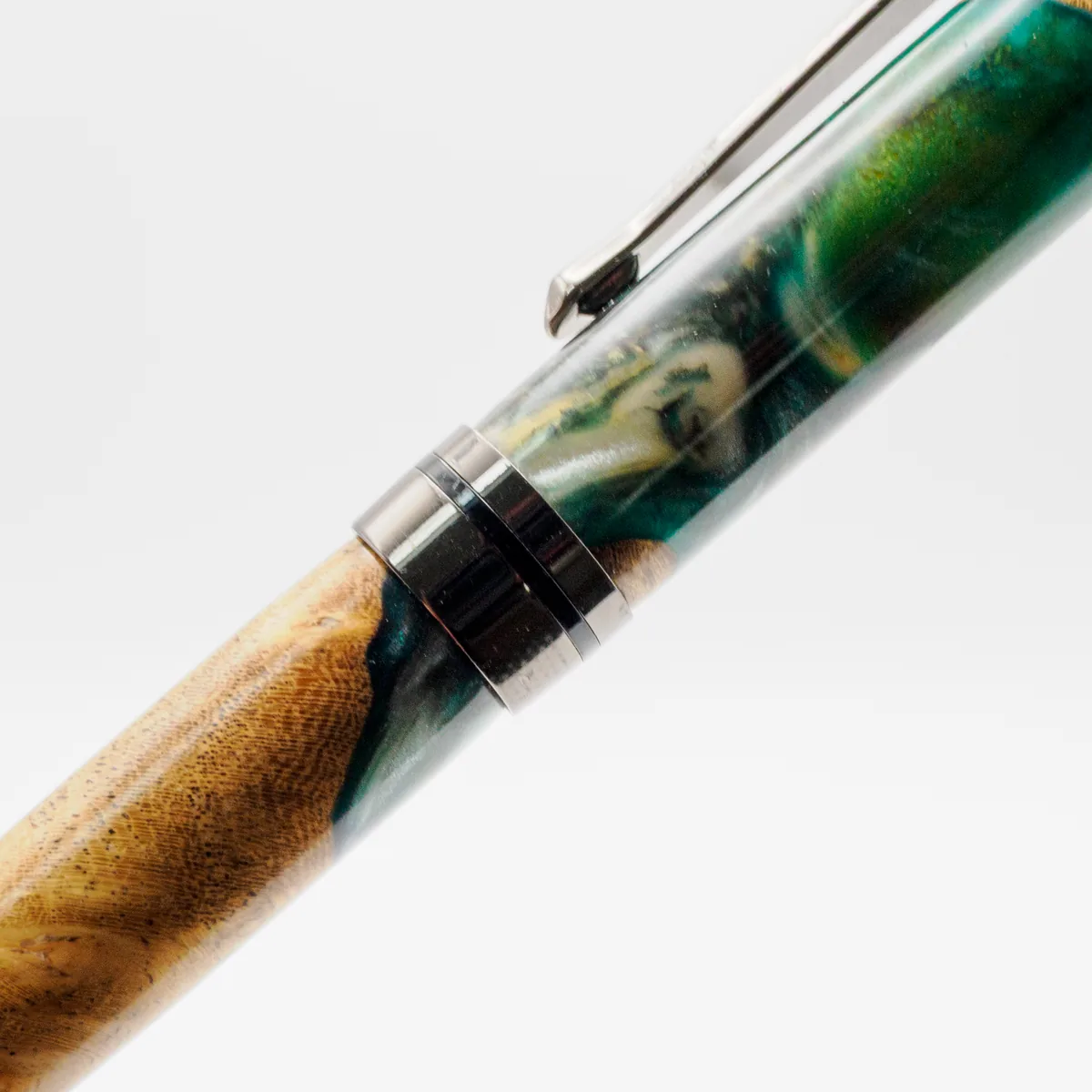Maple Burl and Resin fountain pen in Maple Burl & Teal Ocean Resin, sourced USA (third view)