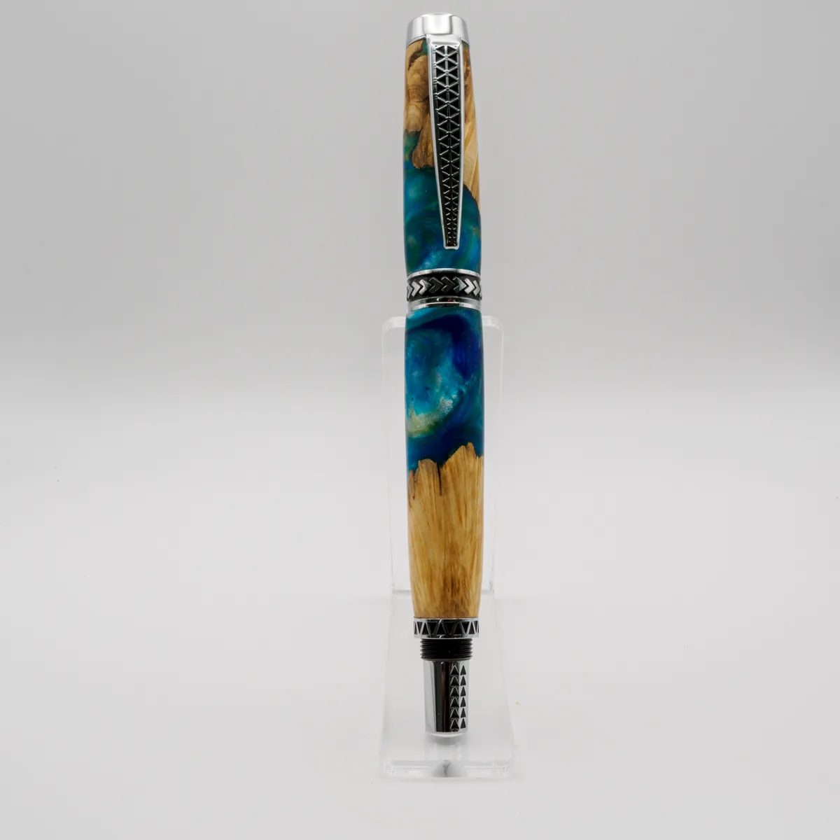 Maple Burl & Blue Resin Tapa Traveler Series rollerball, sourced Maple from USA