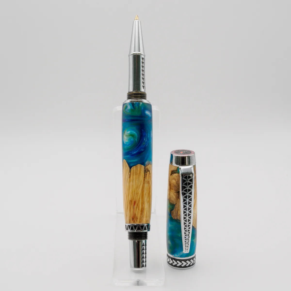 Maple Burl & Blue Resin Tapa Traveler Series rollerball, sourced Maple from USA (second view)
